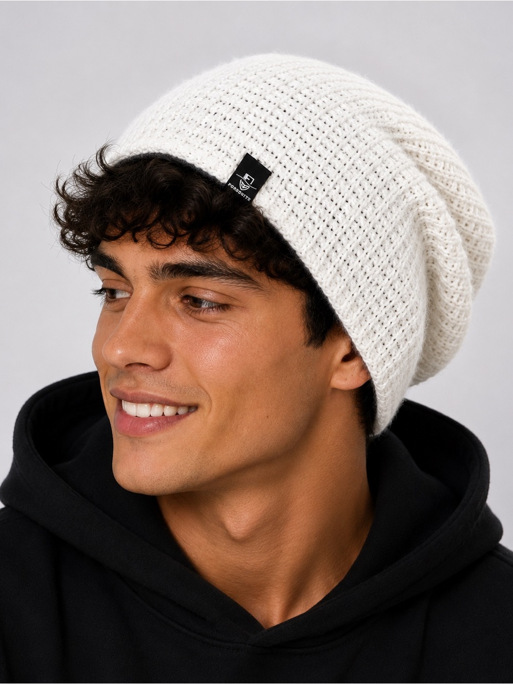 White Slouch Beanie Reversible Knit Winter Hat Stretch Unisex FORBUSITE